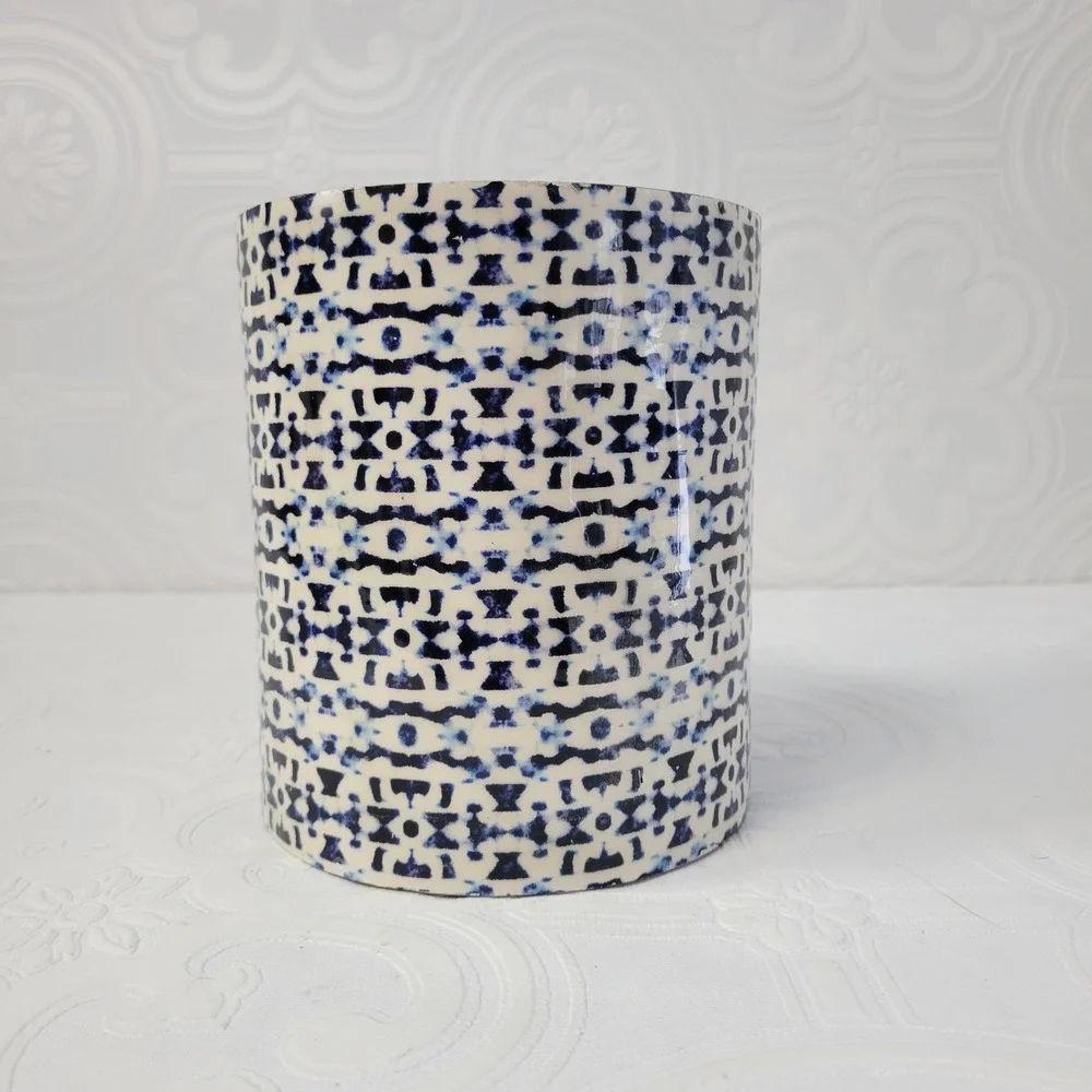 Viva Terra Tall Canister Jesses Indigo Blue White Bohemian Evil Eye Wood Base